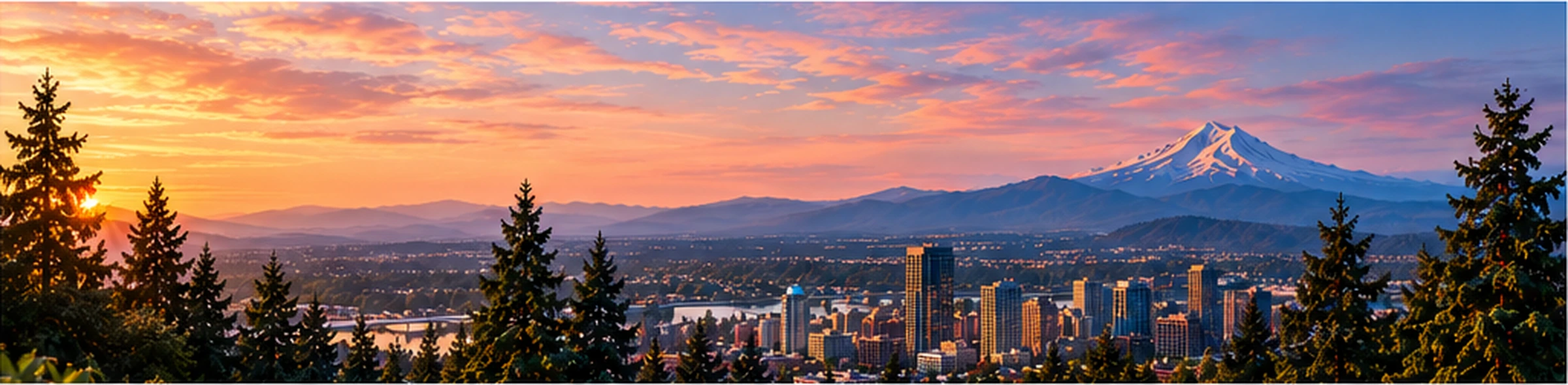 Illustrated Portland skyline and Mount Hood at sunset